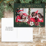 Färgfull 2-foto God jul Poinsettias Helg Vykort<br><div class="desc">Festiv och färglös helgdag med en tvåfotomall med anpassningsbar guld God jul textgrafik med en sprej av traditionella julstolpar och holly på gröntens bakgrund.</div>
