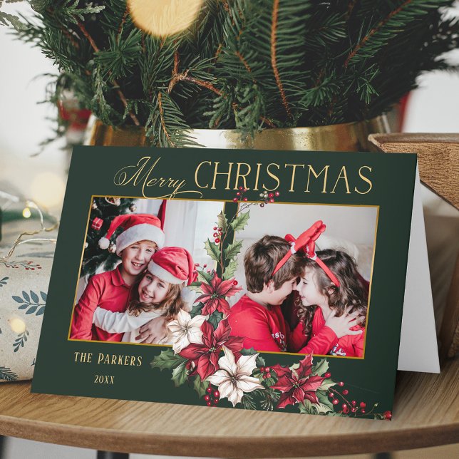 Färgfull 2-foto God jul Poinsettias Helgkort (Skapare uppladdad)
