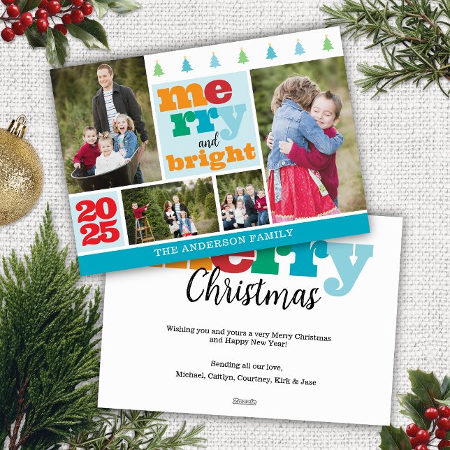 Färgfull 4 fotokollage Merry och Bright Julkort (fun and colorful merry and bright christmas card with collage design includes 4 photos name year )