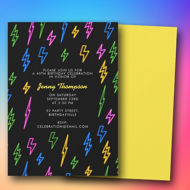 Färgfull 80-dagars Retro Neon-blixt Inbjudningar (Colorful 80's Retro Neon Lightning Birthday Invitation)