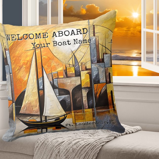 Färgfull Abstrakt Art Sailboat Nautical Kudde (Colorful artistic pillow with a nautical theme, showing an abstract fine art painting of a sailboat)