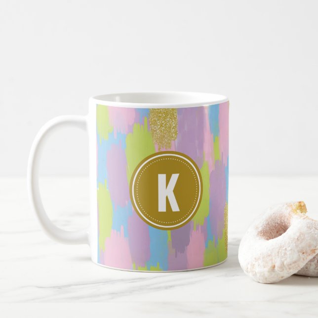 Färgfull Abstrakt Brushstrokes Mönster Monogram Kaffemugg (Med munk)