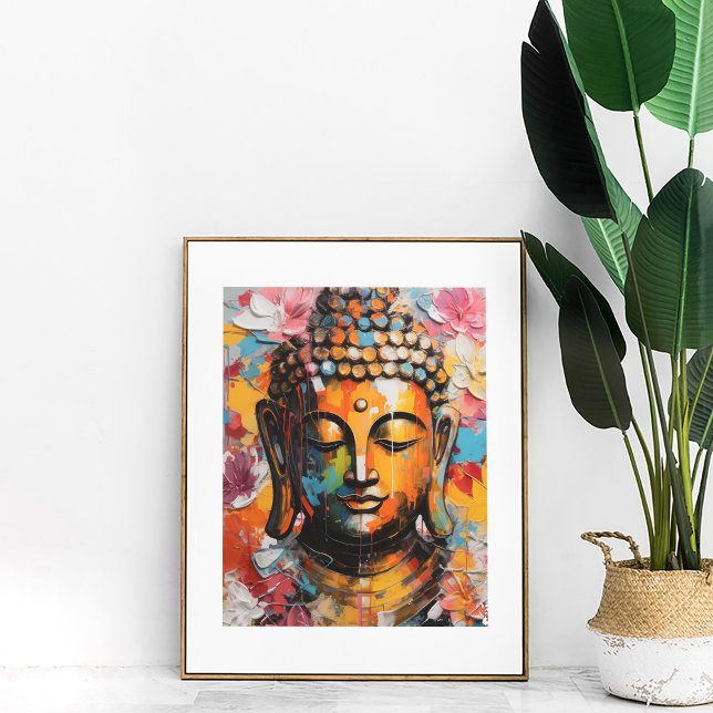 Färgfull Abstrakt-Buddha med Blommigtens dekorfärg Poster (Colorful Floral Buddha Art Poster in golden frame with matte next to a large plant.)