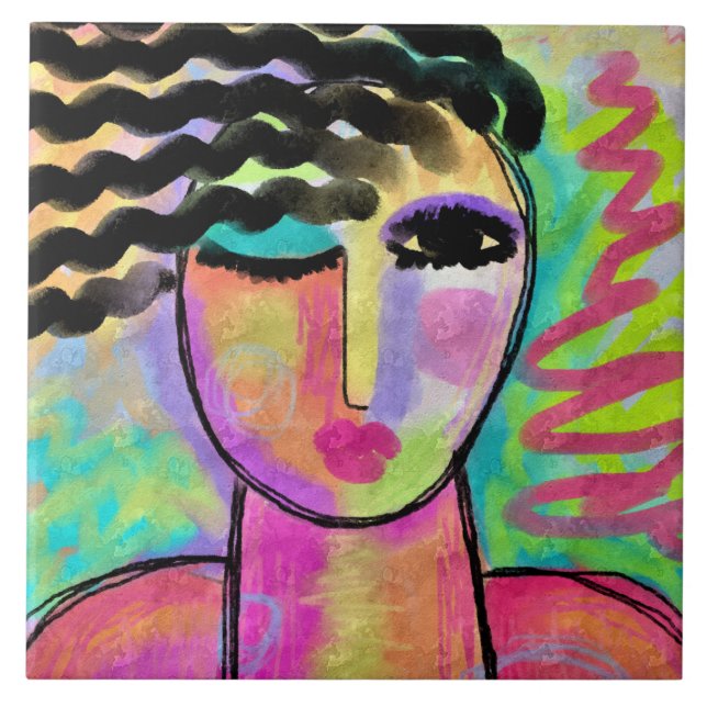 Färgfull Abstrakt Digital Porträtt från en kvinna Kakelplatta (Framsidan)