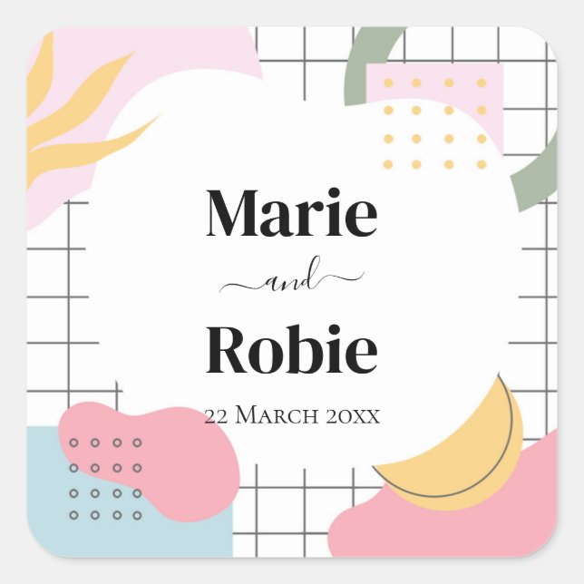 Färgfull Abstrakt Memphis Bröllop Fyrkantigt Klistermärke (Framsida)