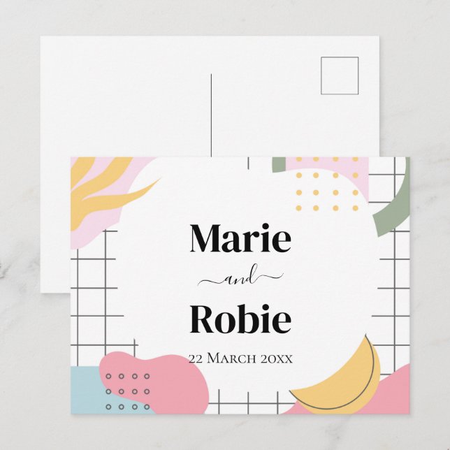 Färgfull Abstrakt Memphis Bröllop Inbjudan Vykort (Fram/baksida)