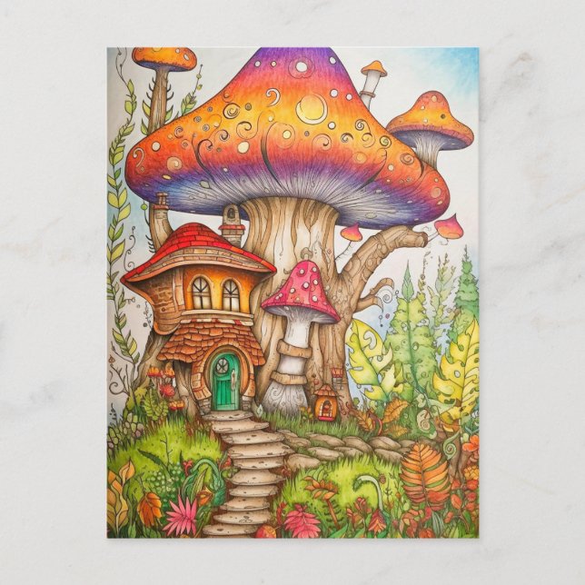 Färgfull Abstrakt Mushroom House Illustration Vykort (Framsida)