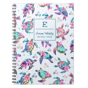 Färgfull Abstrakt Sea Turtle Monogrammed Bow girly Anteckningsbok