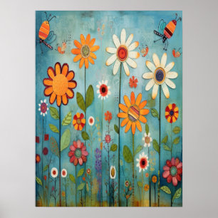 Färgfull Abstrakt Wildblommor Nursery Botanical Poster