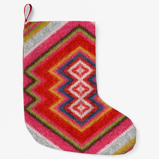 Färgfull Alaca-mohair svettar ornament closeup. Liten Julstrumpa (Framsidan)