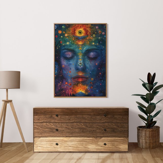 Färgfull Andlig öppnade tredje Ögats kvinnokonst Poster (Colorful Spiritual Opened Third Eye Female Art Poster in a neutral boho living room.)