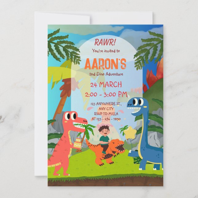 Färgfull andra födelsedag Dinosaur Äventyr Party Inbjudningar (Framsida)