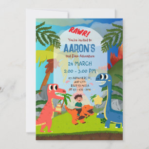 Färgfull andra födelsedag Dinosaur Äventyr Party Inbjudningar