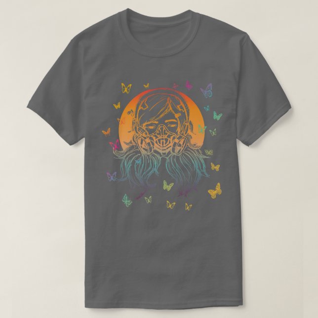 Färgfull Anime Girl med gasmask och fjärilar  T Shirt (Design framsida)