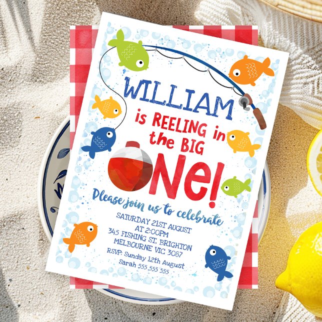 Färgfull avsvalning i den stora födelsedagen inbjudningar (Multicolored Reeling in the Big One 1st Birthday Invitation, Fishing Themed First Birthday Invite)