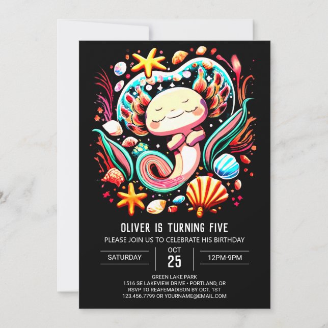 Färgfull Axolotl Modern födelsedag Inbjudningar (Framsida)