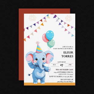 Färgfull Baby-elefant med babyskor med ballonger Inbjudningar