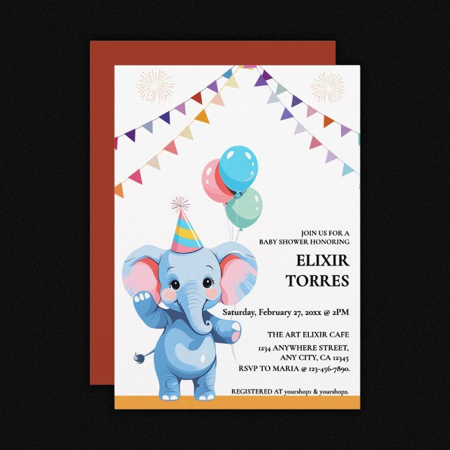 Färgfull Baby-elefant med babyskor med ballonger Inbjudningar (Skapare uppladdad)