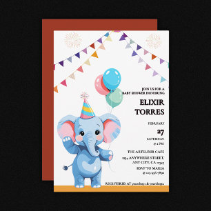 Färgfull Baby-elefant med babyskor med ballonger Inbjudningar