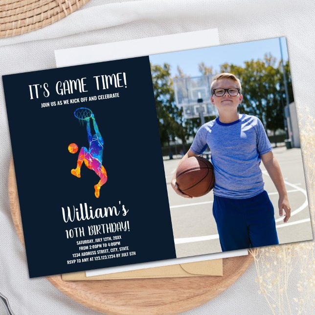 Färgfull Basketball Birthday-inbjudan med foto Inbjudningar (Basket Colors Basketball Birthday Invitations phot)