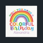 Färgfull Birthday Rainbow Personlig Kids Girly Pappersservett<br><div class="desc">Färgfull daglig regnbåge Personligen Kids Girly Pappra blöjor. En roligt regnbåge av rött,  orange,  gult,  grönt,  blått och lila mitt i roligtens pappra blöjor. Text i flera färg läser HOPPA ATT DU HAR EN FÄRGBIRTHDAY. Anpassa med födelsedag barn namn till lätt lila. Regnbågsmatade leveranser från party.</div>