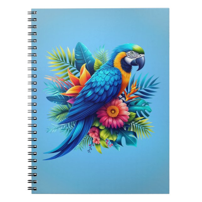 Färgfull, blå, tropiska macaw anteckningsbok (Framsidan)