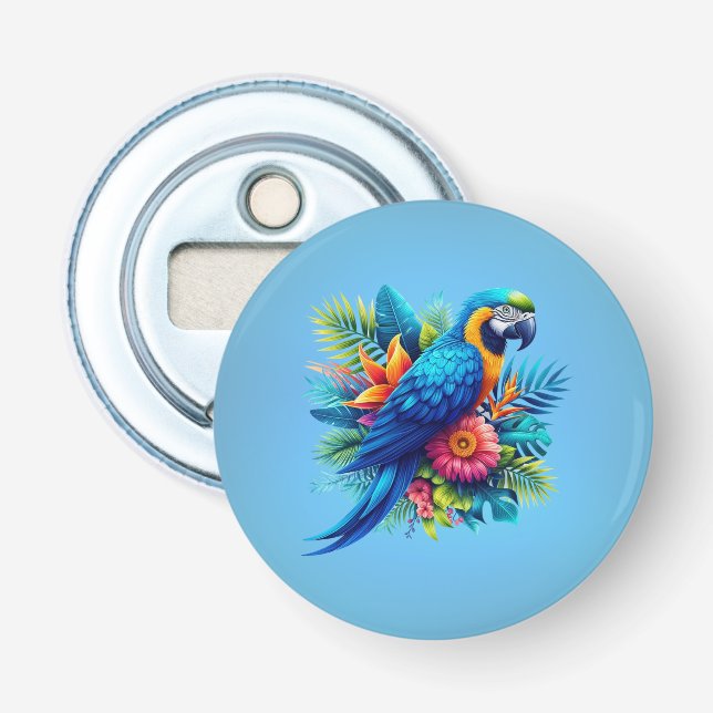 Färgfull, blå, tropiska macaw flasköppnare (Framsidan)