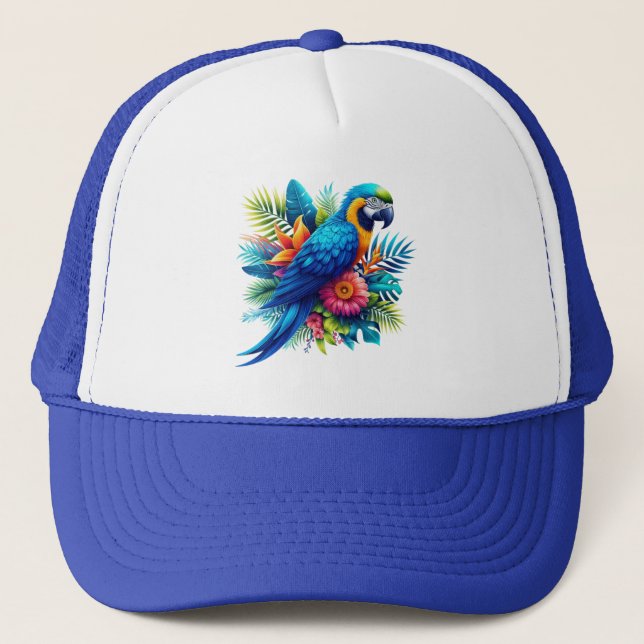 Färgfull, blå, tropiska macaw keps (Framsida)