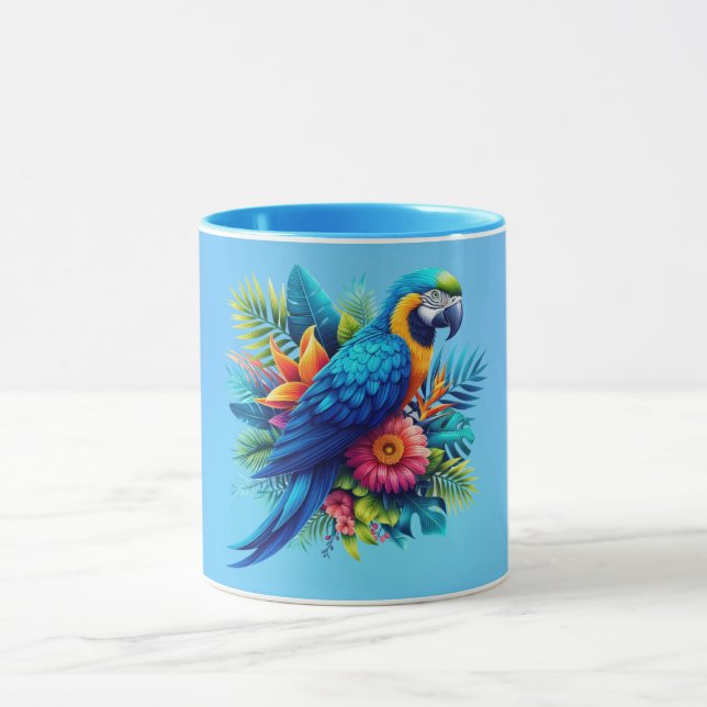 Färgfull, blå, tropiska macaw mugg (Center)