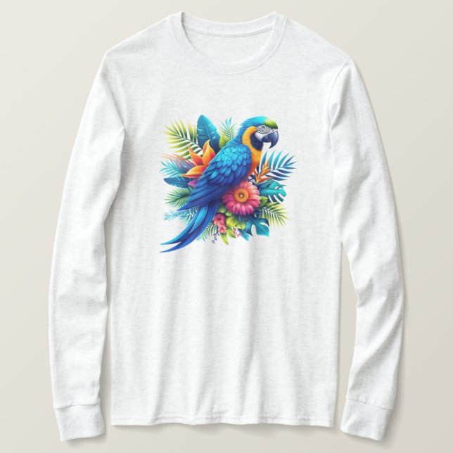 Färgfull, blå, tropiska macaw t shirt (Design framsida)