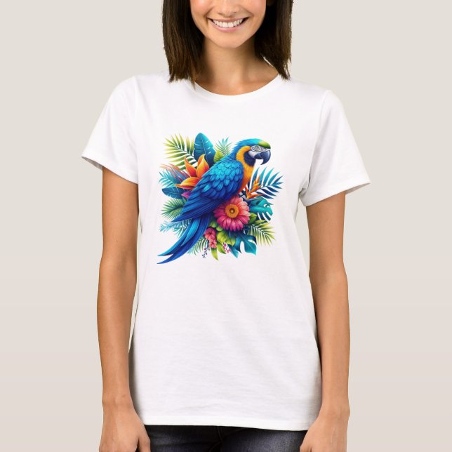 Färgfull, blå, tropiska macaw t shirt (Framsida)