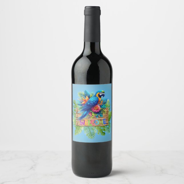 Färgfull, blå, tropiska macaw vinflaska etikett (Framsida)