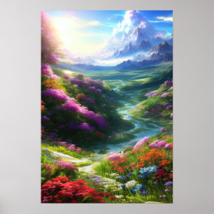 Färgfull blomdal med Lazy Stream Poster