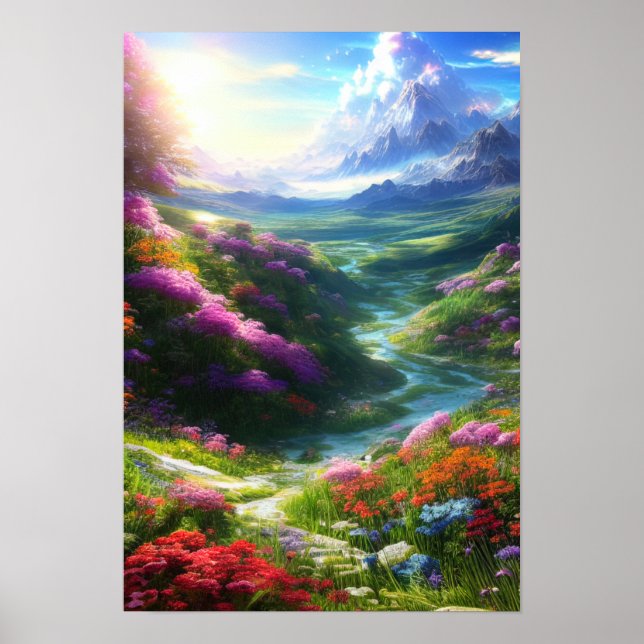 Färgfull blomdal med Lazy Stream Poster (Framsidan)