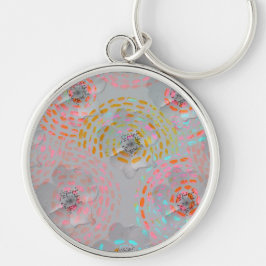 Färgfull blomma mönster med prickat grafiskt linje rund silverfärgad nyckelring