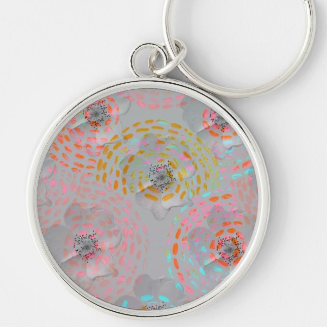 Färgfull blomma mönster med prickat grafiskt linje rund silverfärgad nyckelring (Framsidan)
