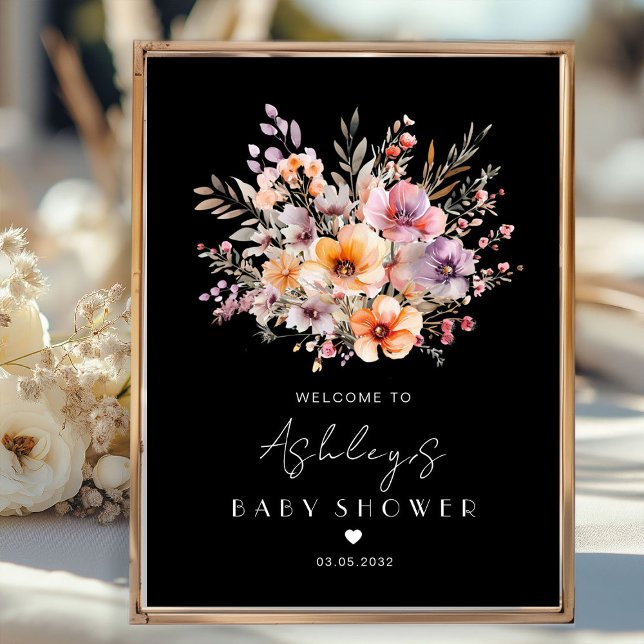 Färgfull, blommande babyskor poster (Personalized, Colorful, Flower Bouquet, Welcome, Baby Shower Poster with your name and date.)