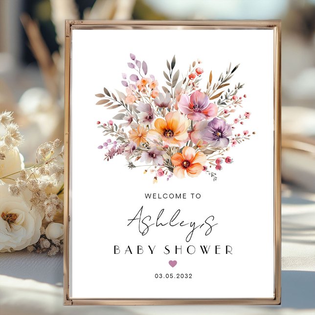 Färgfull, blommande babyskor poster (Personalized, Colorful, Flower Bouquet, Welcome, Baby Shower Poster with your name and date.)