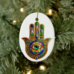 Färgfull blommiga Petalturkos tredje Öga Hamsa Julgransprydnad Keramik