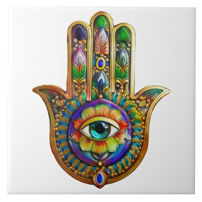 Färgfull blommiga Petalturkos tredje Öga Hamsa Kakelplatta (Framsidan)