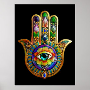 Färgfull blommiga Petalturkos tredje Öga Hamsa Poster