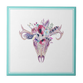 Färgfull Blommigt Boho Skull Kakelplatta