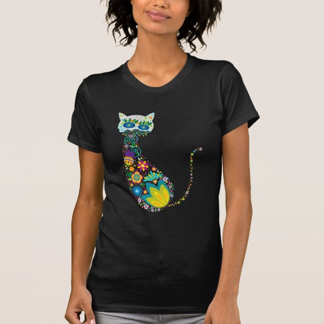 Färgfull Blommigt Cat Dam Baggy Mode T-shirt (Framsida)