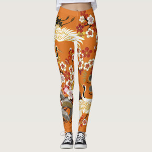 Färgfull Blommigt Cranes Sakura Mönster Leggings