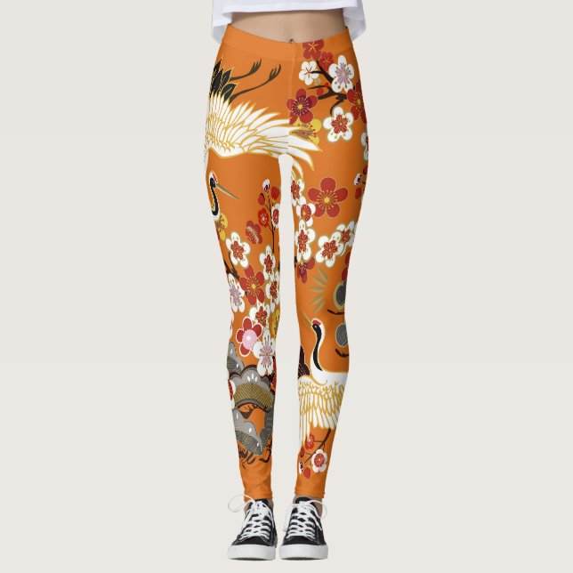 Färgfull Blommigt Cranes Sakura Mönster Leggings (Framsida)