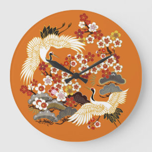 Färgfull Blommigt Cranes Sakura Mönster Stor Klocka