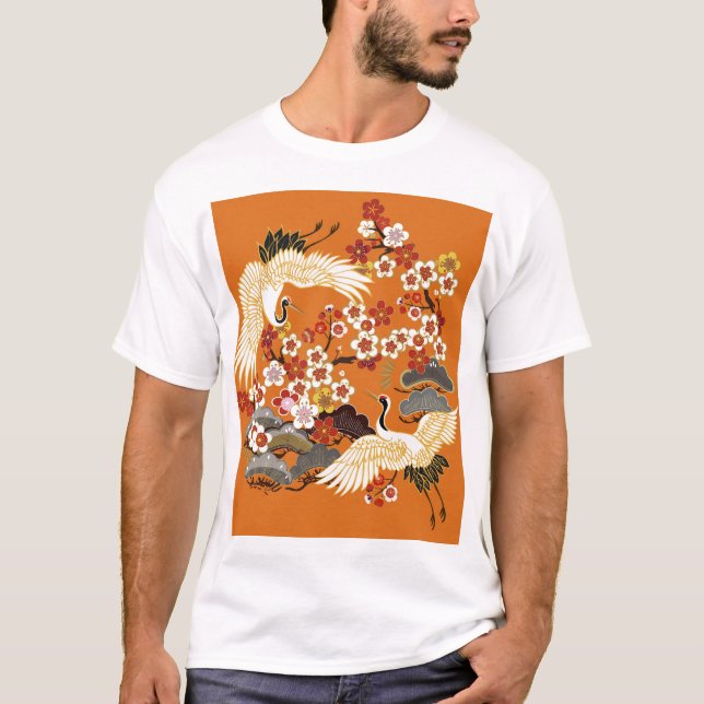 Färgfull Blommigt Cranes Sakura Mönster T Shirt (Framsida)