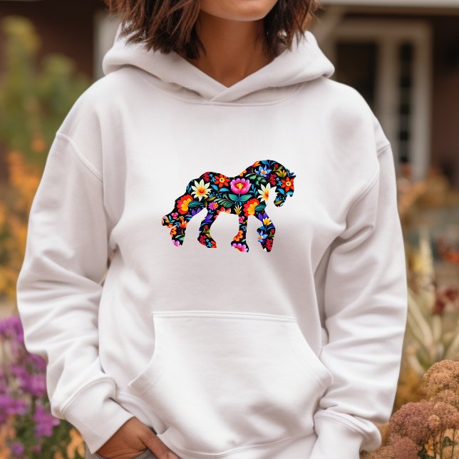 Färgfull Blommigt Dam Hooded Sweatshirt T Shirt (Ash (very very light gray)Floral draft horse on sweatshirt hoodie.)