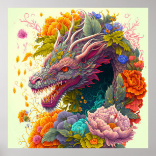 Färgfull Blommigt Dragon Poster