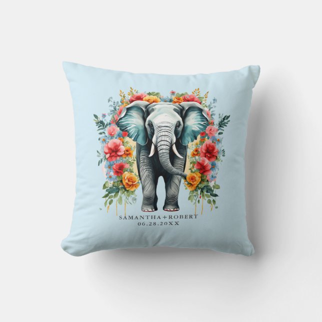 Färgfull Blommigt Elephant Kudde (Framsida)